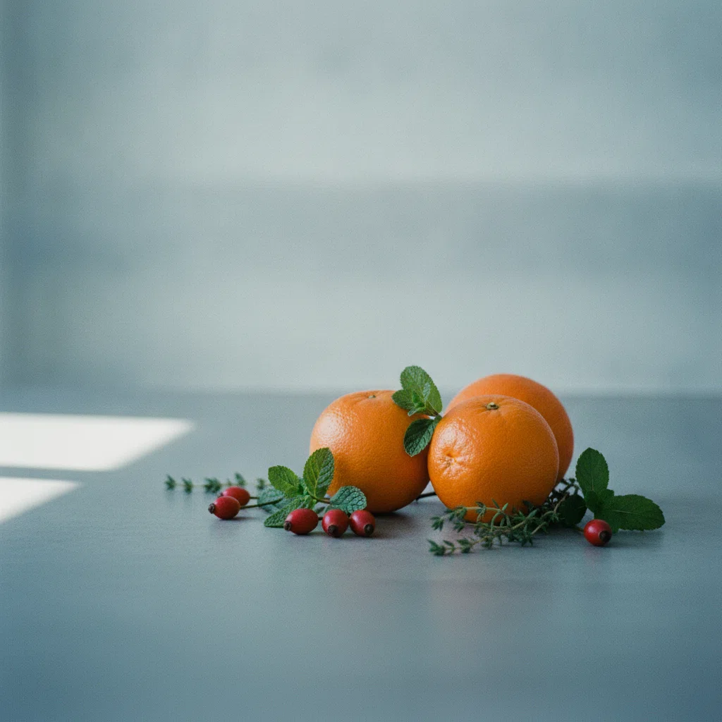 Fresh citrus fruits, green leaves and botanical ingredients on a light stone surface
