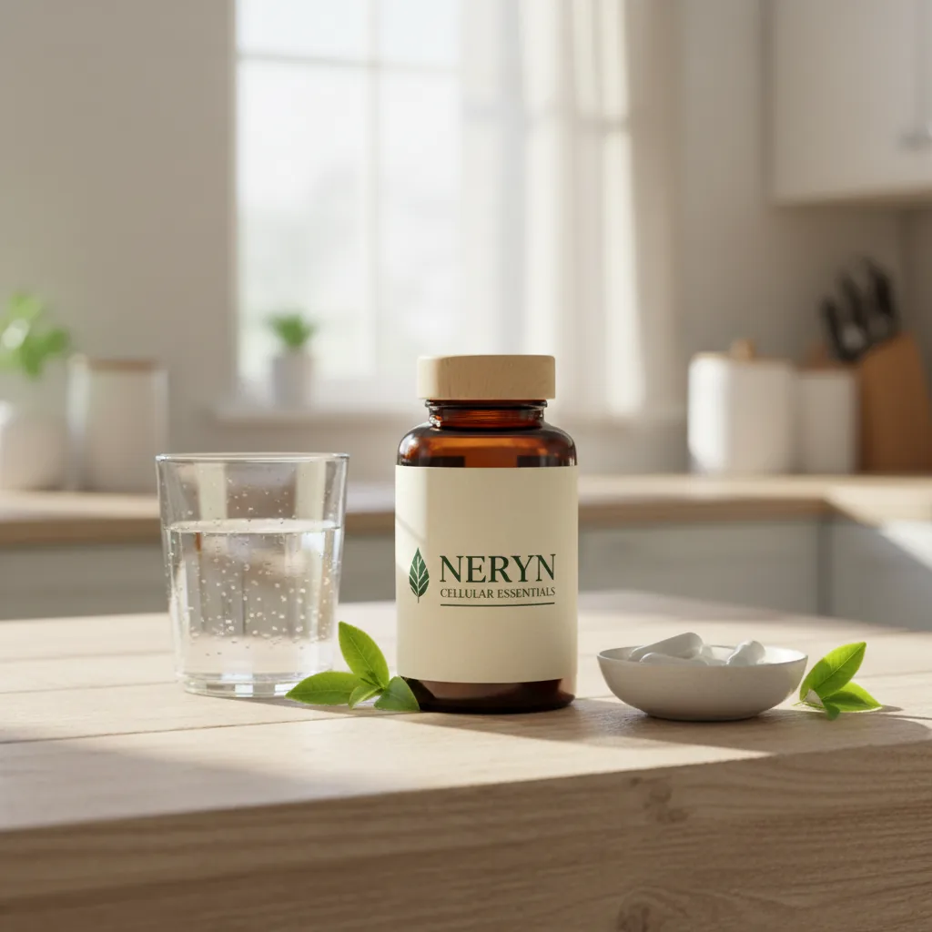 Neryn Cellular Essentials bottle on a bright kitchen table beside a glass of water and almonds